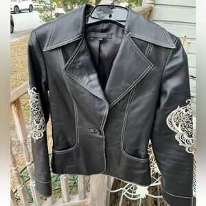 Sheri Bodell Black Lamb Leather Jacket S Gold Scroll Embroidered Tapered Waist